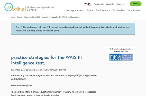 LD Online – WAIS III Practice Strategies Forum