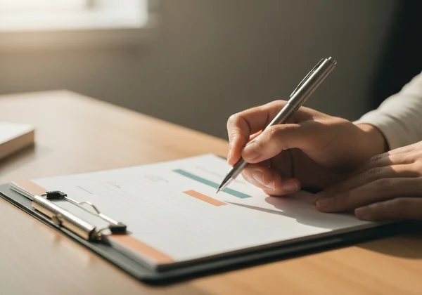 一人在剪貼板上填寫自我評估表